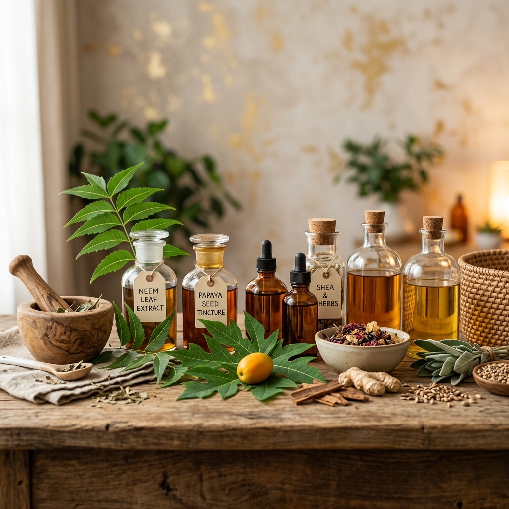 Amber bottles of herbal extracts, neem leaves and a wooden mortar on a rustic table