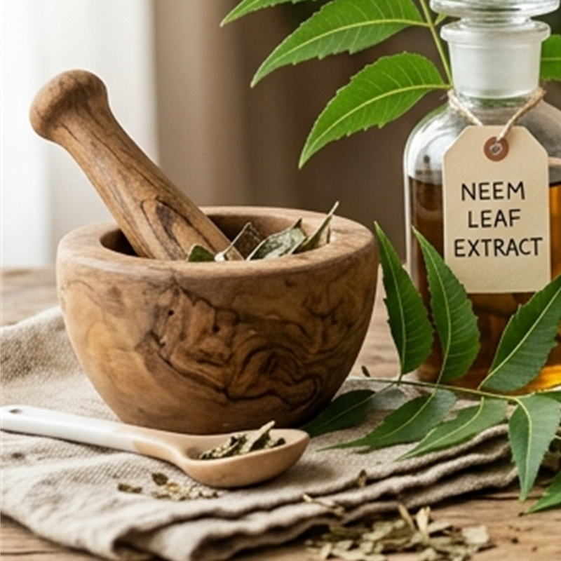 Wooden mortar and pestle with dried neem leaves